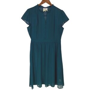 ModCloth Fit & Flare Womans Dress L Teal Ruffle Neck Pin Tuck Chiffon Sheer Chic